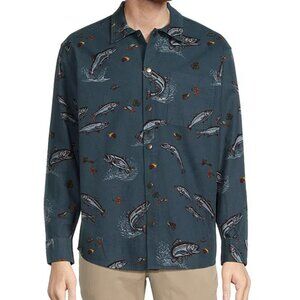Roundtree & Yorke Long Sleeve Orion Blue Moleskin Fish Print Shirt Jacket NWT XL